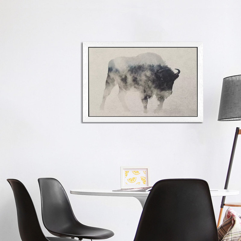 Bison In The Fog by Andreas Lie - Print on Canvas, 66.04 cm H x 45.72 cm W, White Floater Framed