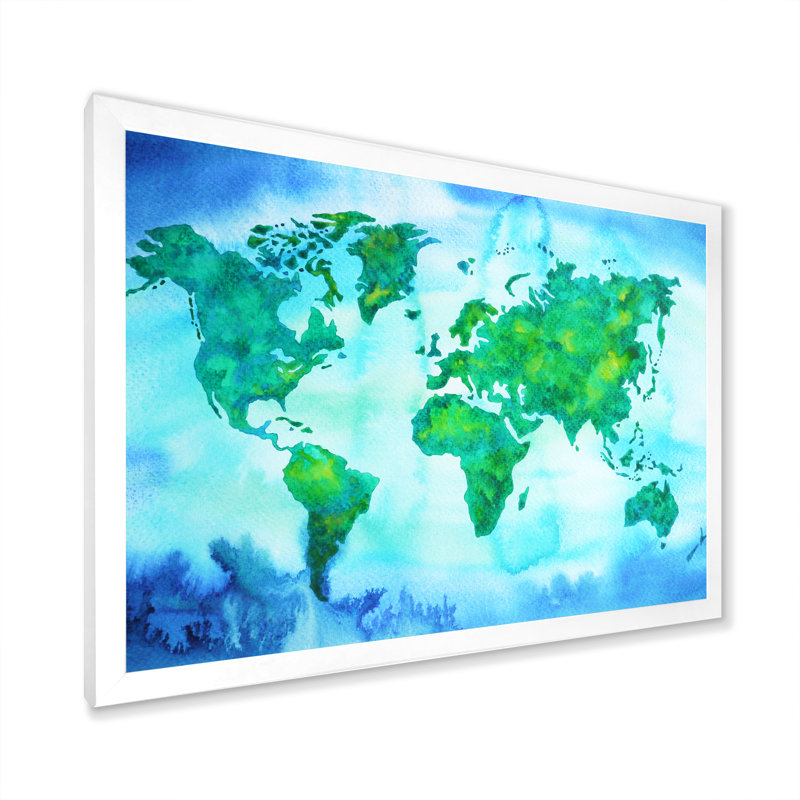 «World Map Blue Green Tone», reproduction sur toile, H 12 po x l 20 po x P 1 po, Cadre de coin blanc fermé
