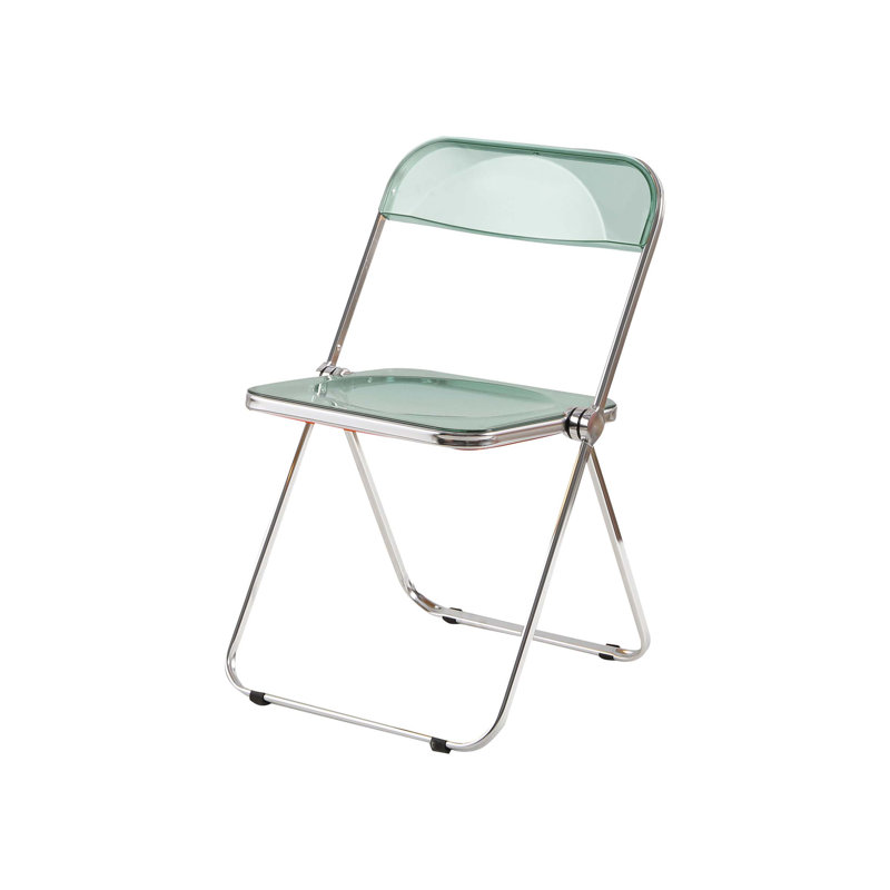 Chaise fantôme pliante transparente avec structure chromée, empilable et peu encombrante pour la vie moderne., Vert