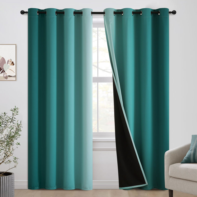 100% Blackout Ombre Curtains,Room Darkening Grommet Gradient Drapes for Bedroom, 52" W x 84" L, Teal