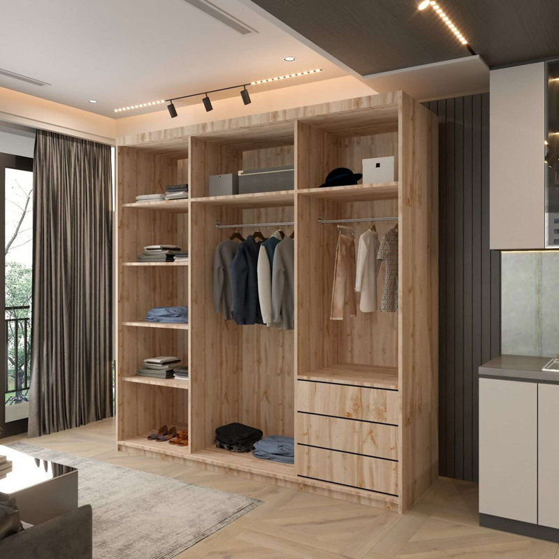Modern Double Sliding Door Wardrobe in /Grey/Oak/White, 217cm H x 203cm W x 62cm D, Oak