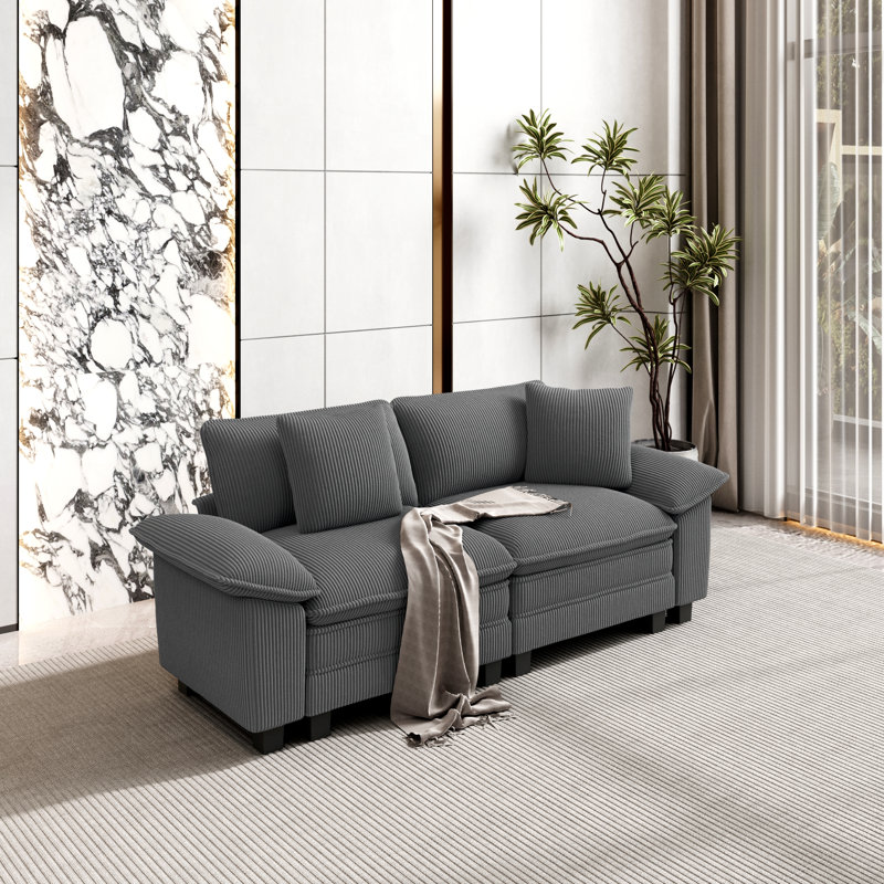 2 Seater Chenille Sofa & Chaise, Light Grey Corduroy