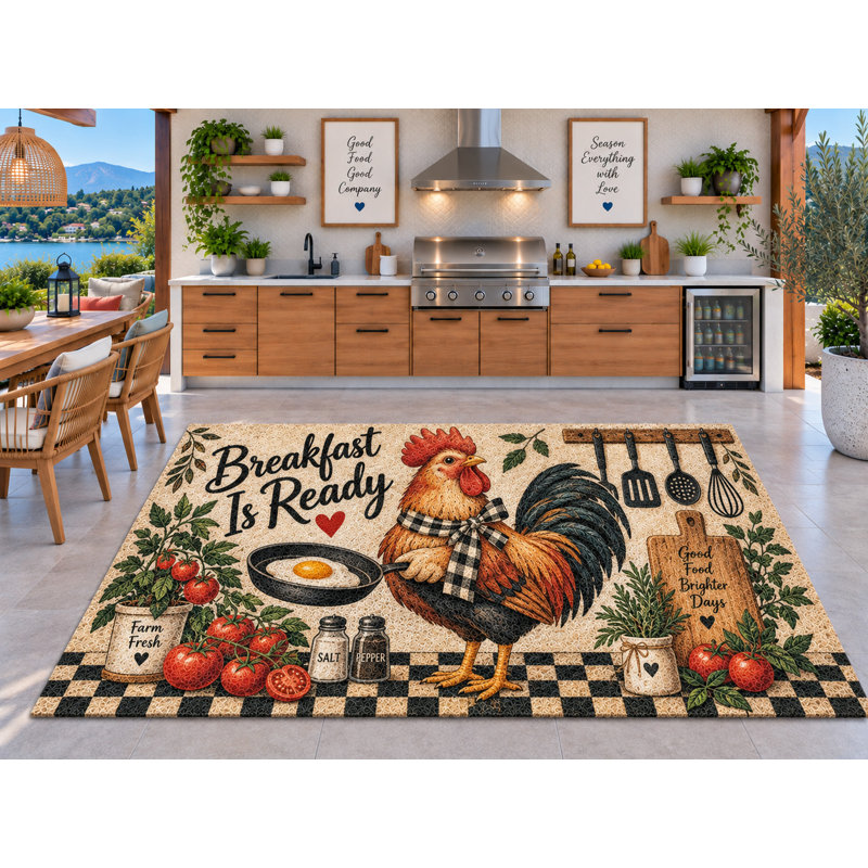 Tapis d'extérieur 152 x 213 cm (5' x 7') style ferme, motif « Petit-déjeuner prêt », œufs de coq et tomates, tapis bouclé en PVC épais et imperméable, séchage rapide, idéal pour l'intérieur et l'extérieur (cuisine, porche, terrasse, entrée).