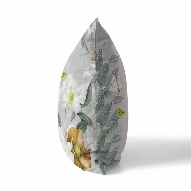 Coussin décoratif réversible Leafy Lepidoptera Medley, H 16 po x l 16 po, Blanc / or / gris