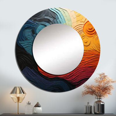 Teal Orange Op Art Rhythmic Illusion II - Abstract Round Mirror Wall Decor