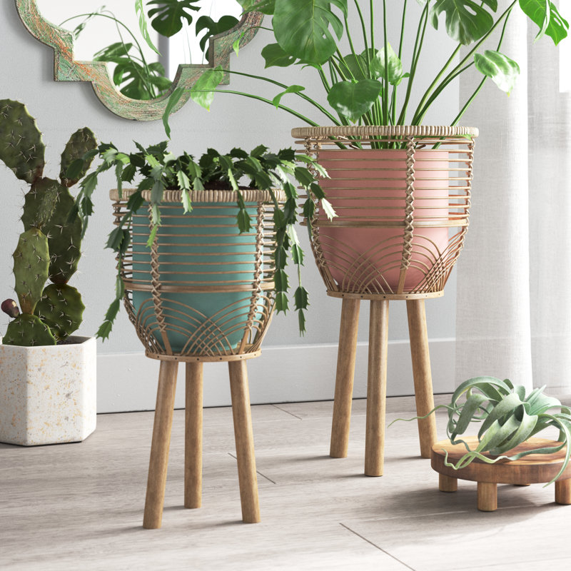 2 Piece Wicker Planter Set - 22"/18" Contemporary Rustic Rattan Wood Planters on Stands for Indoor or Outdoor Decorative Accents - Plant Gift Idea