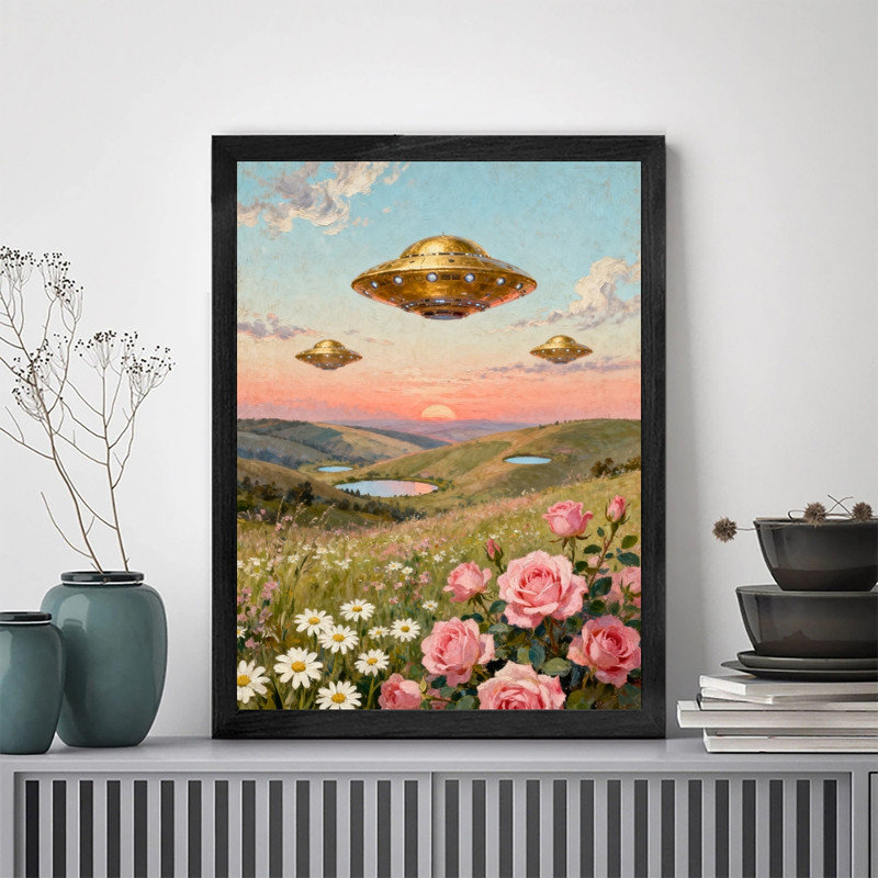 OVNI rétro et art mural noir, reproduction de paysage rétro surréel, H 11 po x l 9 po