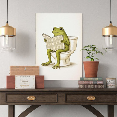 Canvas Wall Art Frog On Toilet Reading Newspaper Canvas Wall Art Funny Bathroom Print-2 Vintage Poster Print Home Decor