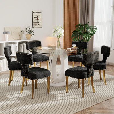 Modern Round Tempered Glass Pedestal Dining Set with Chenille Tufted Dininig Chair