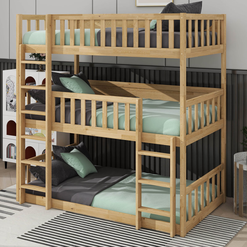 Lit superposé simple en bois d'hévéa à triple couche et équipé d'échelles et de barrières de sécurité, Naturel