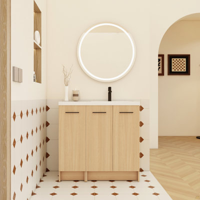 Meuble-lavabo autoportant modulaire de 36 po avec plateau de lavabo en résine 36 po, chêne clair, 2 pièces (24 po 2 portes + 12 po 1 porte), armoire KD, avec poignées en aluminium noir et brossé