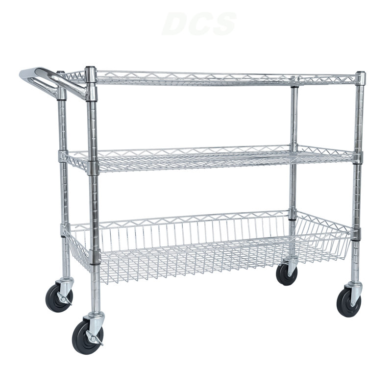 Chariot utilitaire roulant robuste, chariots roulants à 3 niveaux avec roues, avec guidon et tablettes, chariot de rangement 36 po x 18 po x 32 po pour la cuisine, le restaurant, la présentation des plantes, chrome