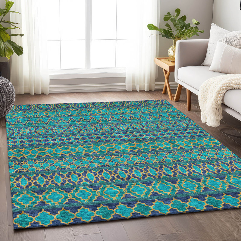 Premium Machine Washable Prisco Teal Rug, Rectangle 9' x 12'