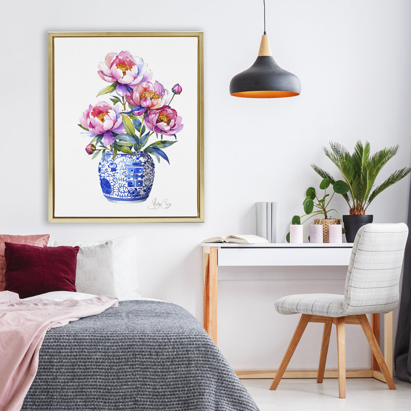 Cadre flottant Blue Dynasty Blooms, design par Shelly Craig, H 31 po x l 25 po, Cadre flottant métallique doré