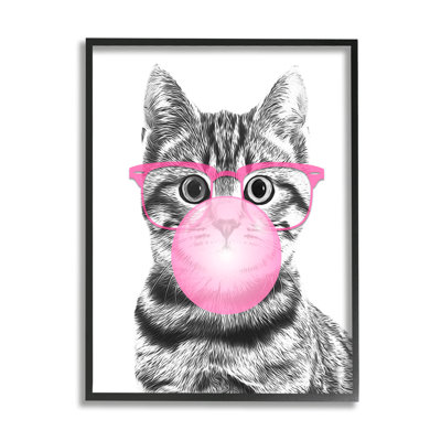 Adorable chat, gomme à bulles, lunettes roses, illustration monochrome, giclée noire, art texturé par Annalisa Latella