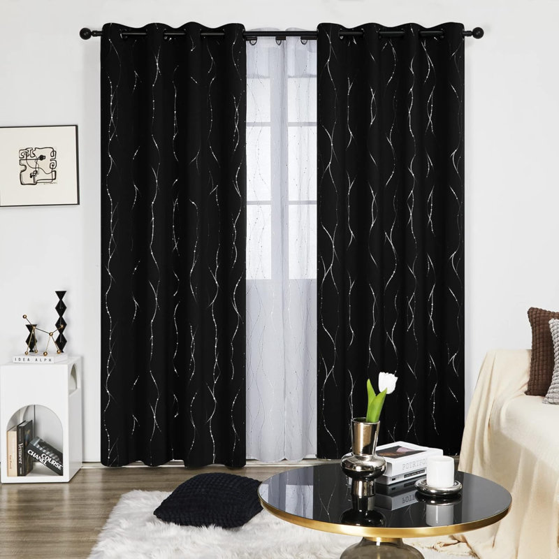 Rideaux occultant à motif argenté avec œillets, branche d'arbre argentée, 84 L, Noir, L 52 po x L 84 po