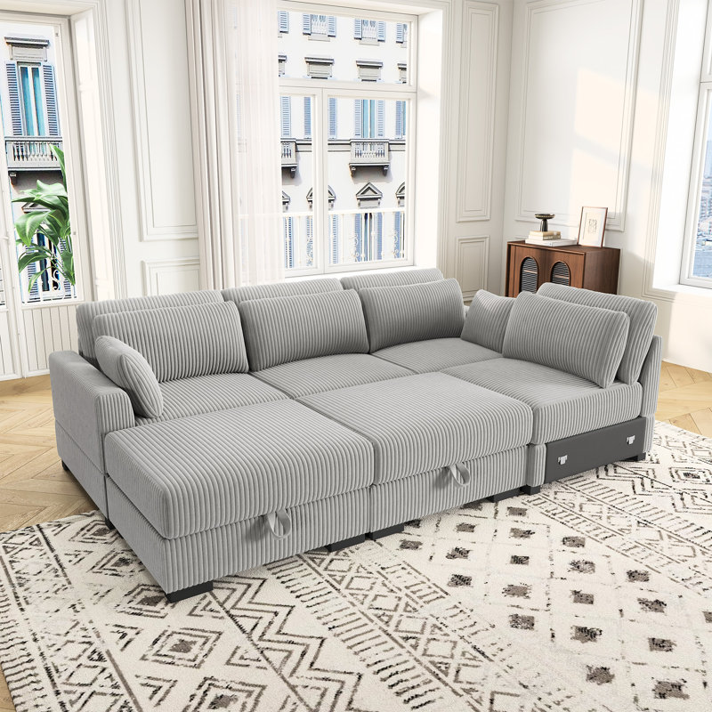 130'' Upholstered Sectional, U-Shaped Modular Sofa, Gray Corduroy