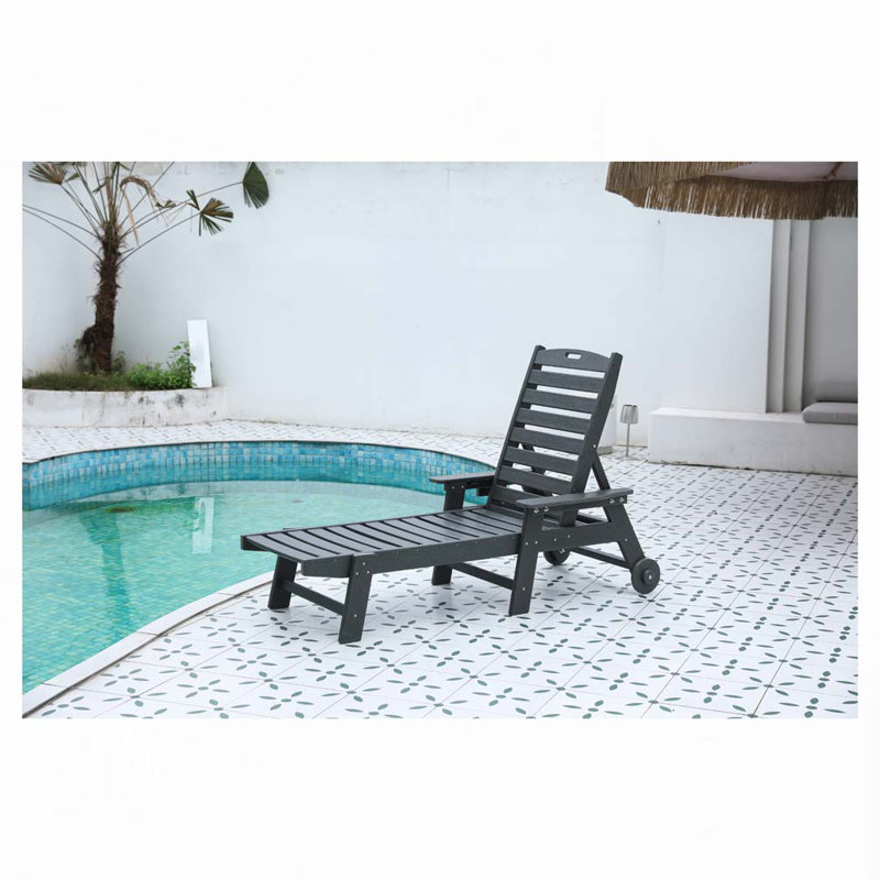 Outdoor HDPE Patio Chaise Lounge Chair with 5 Positions with Wheels & Cup Holder for Pool, Grey, Grey