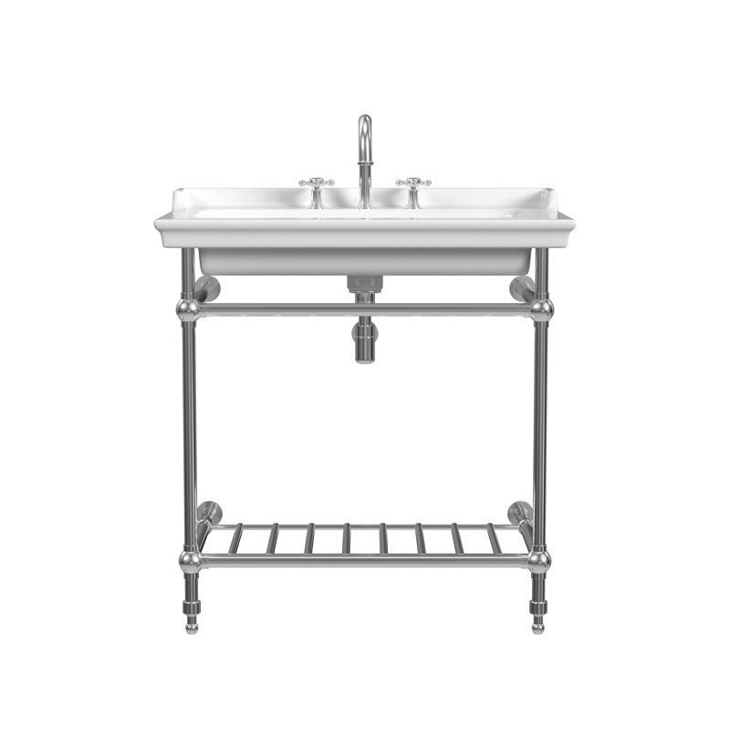 Gloss White Fireclay Rectangular Console Bathroom Sink with Overflow, Polished Nickel, 8" Centers
