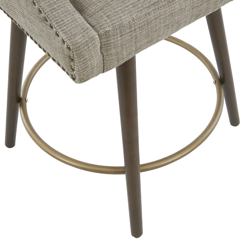 Chaise de comptoir pivotante à 360 ° - tissu beige, pieds en bois massif café foncé, siège pivotant bronze antique, revêtement, pieds