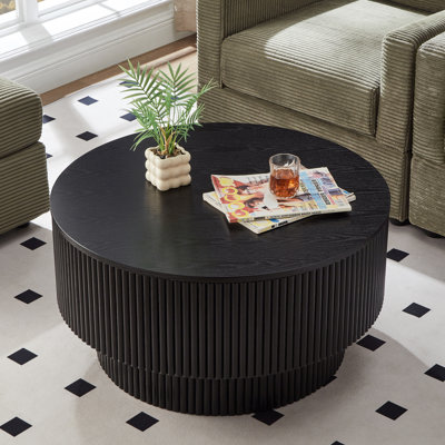 Table basse 31,5 "ronde avec rangement, table basse à piédestal en bois cannelé