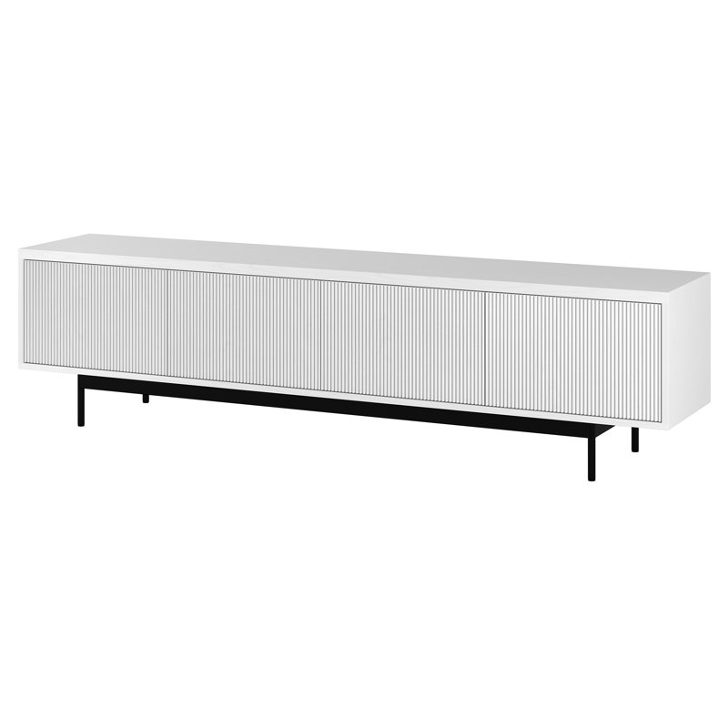 Meuble télé 75 po pour téléviseur de 85 po ou moins avec portes cannelées, rangement et gestion des câbles - Console média moderne de style Mid-Century blanc pour le salon | Whitman