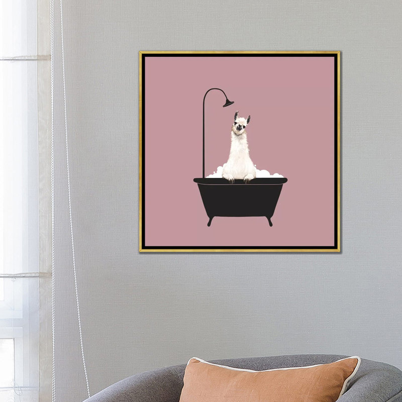 Lama dans une baignoire, H 26 po x l 26 po x P 1,5 po, Toile encadrée d'or