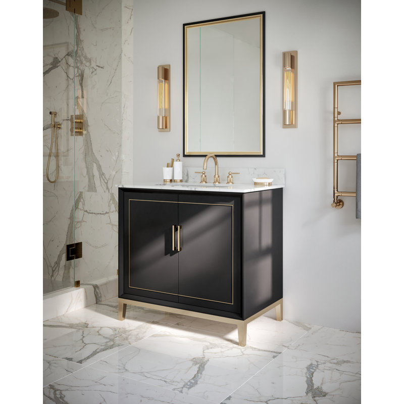 Gracie 36'' W Single Vanity, Calacatta Quartz, Midnight Black, Satin Brass