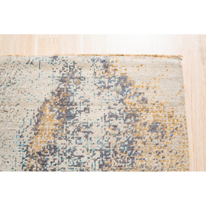 Gray Hand-Knotted Wool Abstract Brushstrokes Geometric Modern Contemporary Carpet Rug, 9' x 12'
