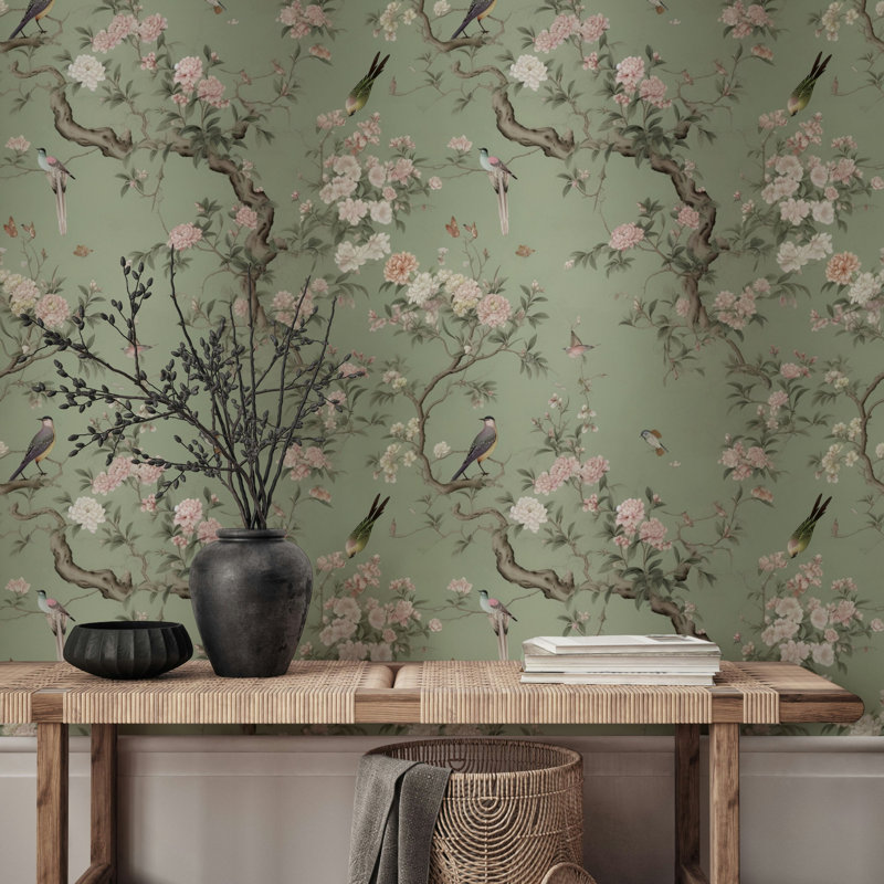 Papier peint sauge à motif floral chinois, L 75 po x l 112 po