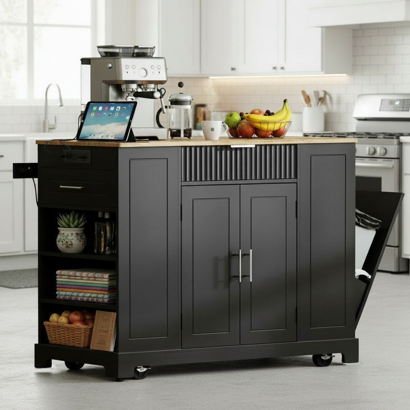 Black Recessed Kitchen Island With 5 Wheels For Easy Movement, Includes A Trash Can Cabinet, Power Outlet, Storage Rack, 3 Drawers, And 3 Side Shelves (Can Hold A 10-Gallon Bucket).