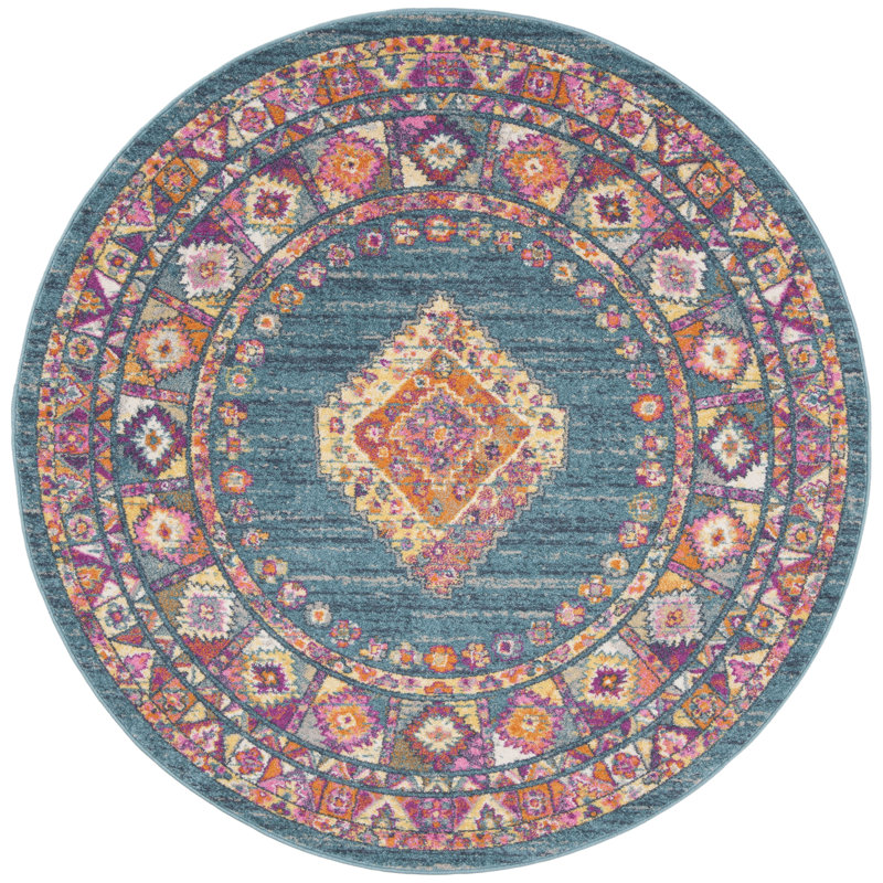Tapis oriental Felty, Rond 6 pi 7 po, Bleu clair / orange
