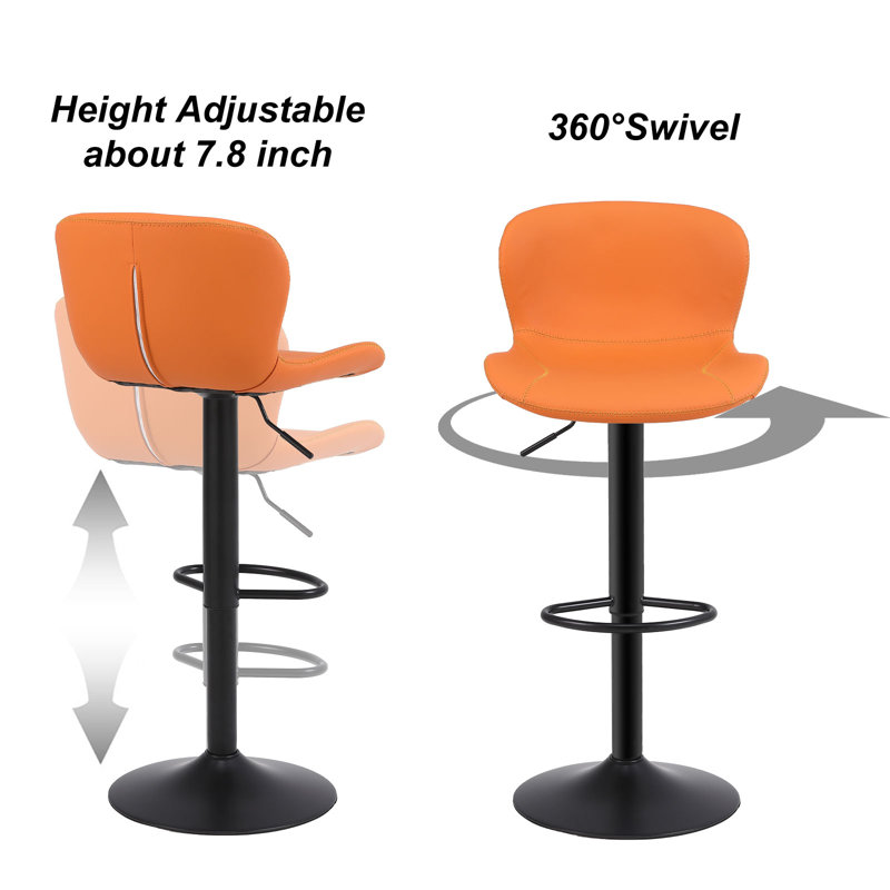 Orange Adjustable Swivel Metal and Leather Bar Stools Set