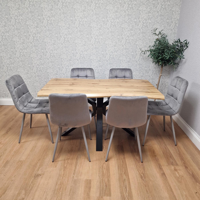 Wooden Brown Dining Table with 6 Velvet Chairs, Stylish Dining Room Furniture, Grey