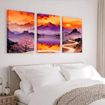 «Mountain Sunset Landscape», reproduction d'art sur toile tendue sur toile (ensemble de 3)