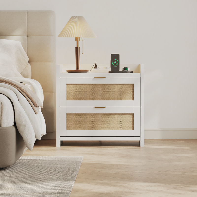 Rattan Nightstand with Charging Station, 2 Storage Drawers & Gold Handles - Modern Boho End Table for Bedroom, Living Room, or Study, White