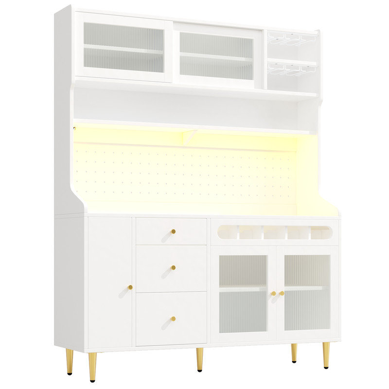 Modern Highboard with Adjustable Shelves & LED Lights, Freestanding Tall Cabinet with Wine Rack for Living Storage