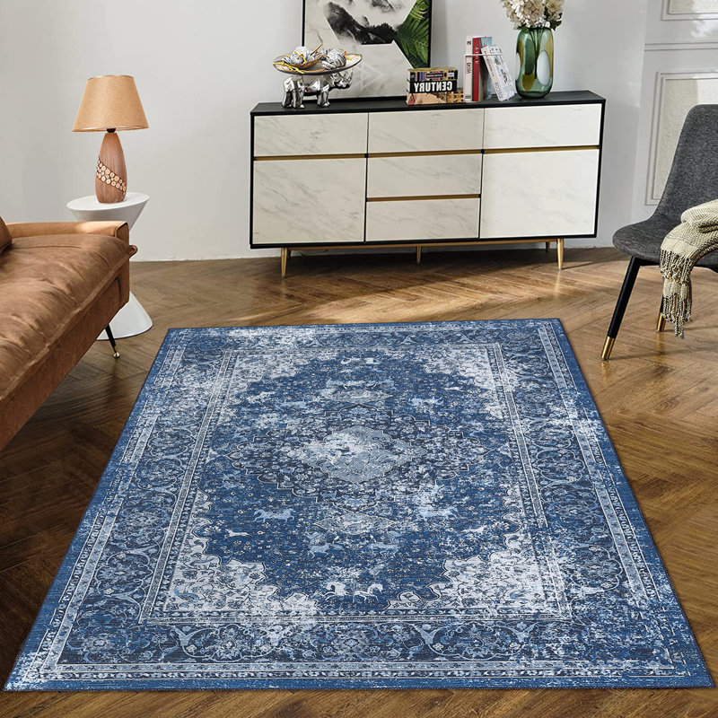Abstract Machine Printed Area Rug, Rectangle 200 x 290 cm, Blue