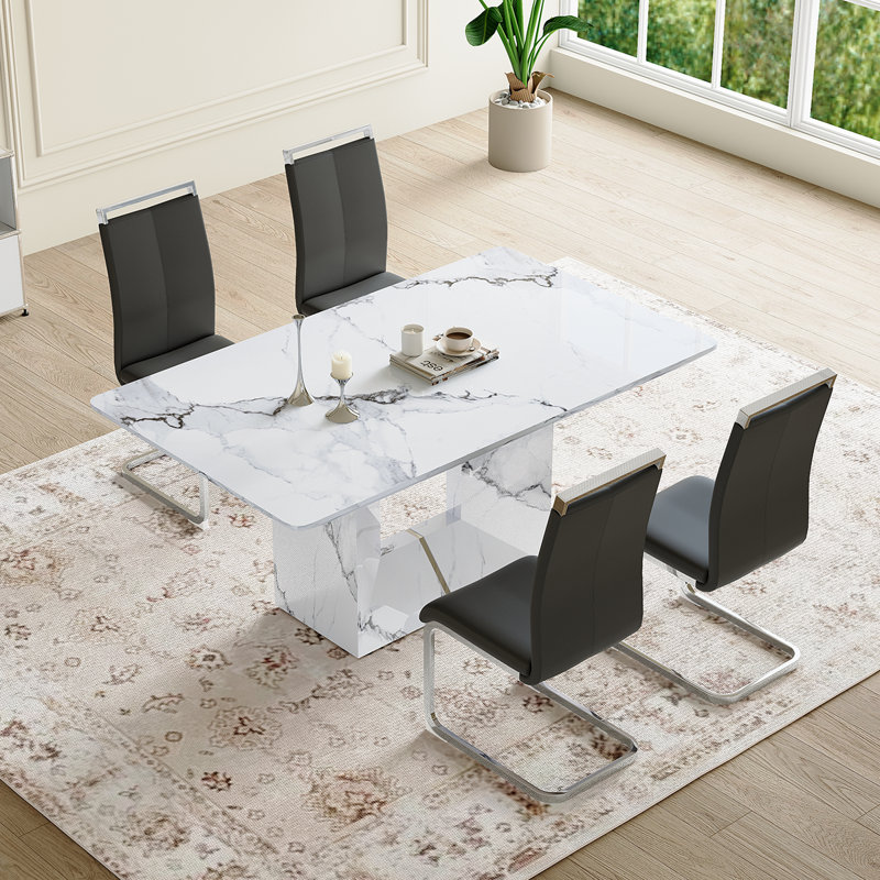 Ensemble de cuisine et salle à manger Modern, table de salle à manger en marbre avec chaises rembourrées, Noir / argenté