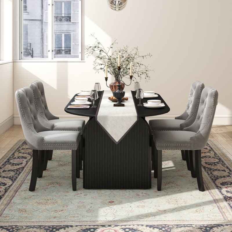 Ensemble de salle à manger Mid-Century, Noir, 7 pièces : table, 6 chaises, Gris