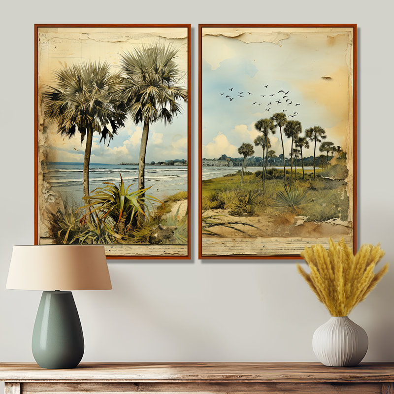 Collage rétro de Floride, palmiers et plage IV - art mural grand Floride, H 36 po x l 48 po, Brun
