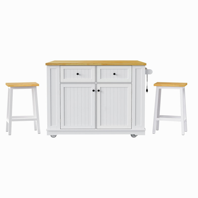 48Inch Kitchen Island With 2 Bar Stools, Power Outlet, Door Internal Storage Rack, Kitchen Storage Cart On 5 Wheels With Drop Leaf, 5 Side Racks, 2 Drawers,White (Old SKU N707S000015W)(Three Packages)