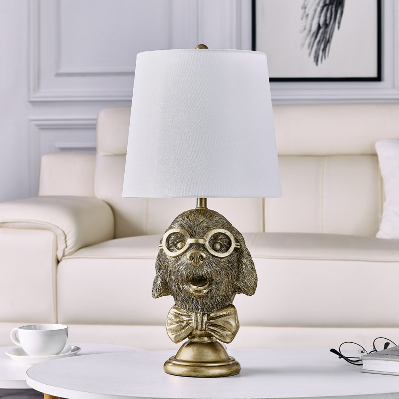 20" Gold Resin Doodle Table Lamp With Glasses And Linen Shade, Gold, White