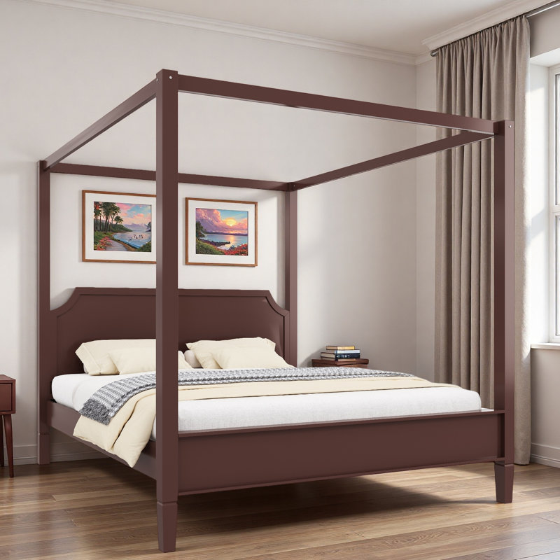 Lit plateforme à baldaquin en bois avec tête de lit élégante et pieds de soutien, Noyer, Grand lit