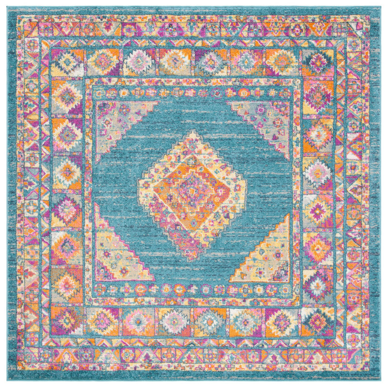 Tapis oriental Felty, Carré 6 pi 7 po, Bleu clair / orange