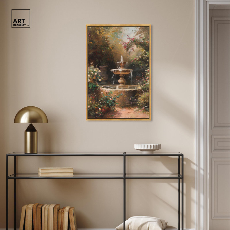 Fontaine d'art perdue avec art rétro, Cadre doré, H 20 po x l 30 po