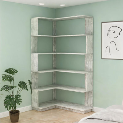 Bibliothèque d'angle autoportante en L à 5 niveaux avec tablette de rangement en panneau de fibres à densité moyenne gris ardoise pour le salon, la chambre et le bureau à domicile