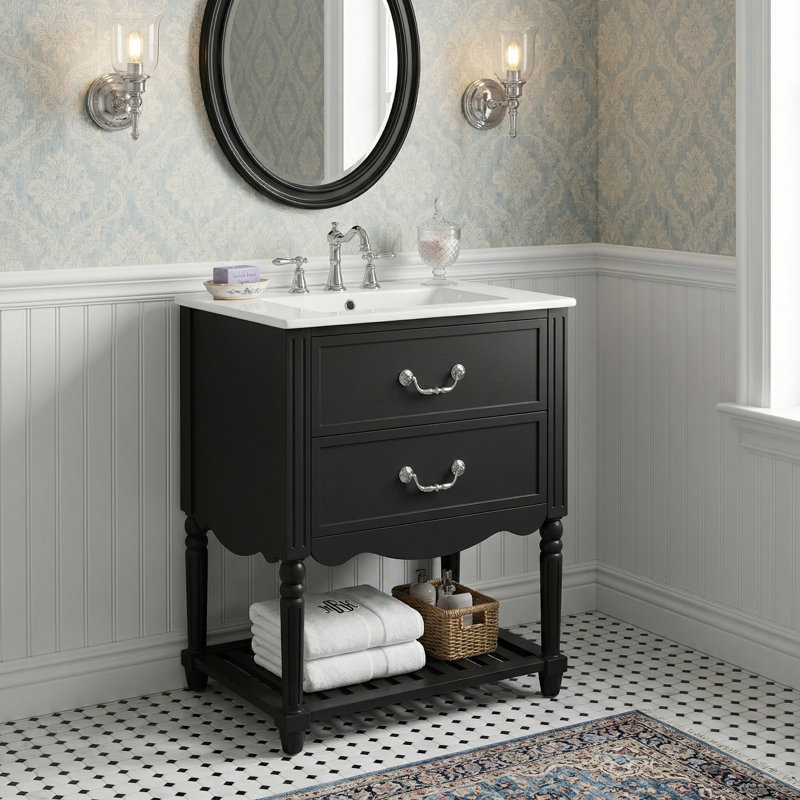 Ensemble de meuble-lavabo rétro 24 po avec lavabo en céramique, deux tiroirs à fermeture en douceur et tablette ouverte