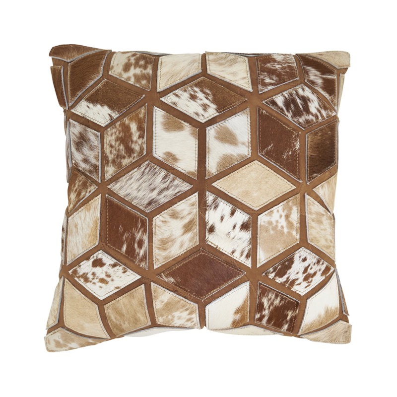 Diamond Patchwork Hair-On Leather Pillow, No Insert, Brown