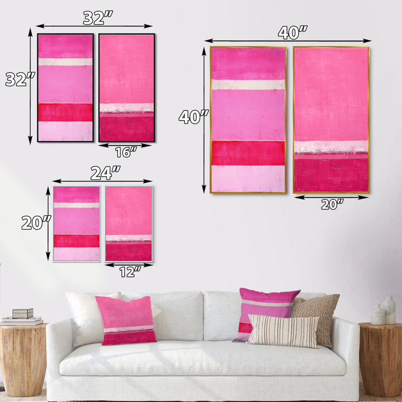 Ensemble de 2 peintures sur toiles fuchsia et blanc, H 40 po x l 40 po x P 1 po, Cadre flottant doré